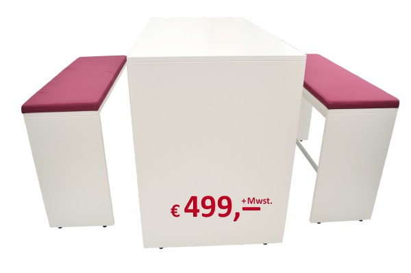 Komplett-Set: Theke mit Sitzbänken - Tischplatte melaminbeschichtet - Fußablage - Polsterauflage